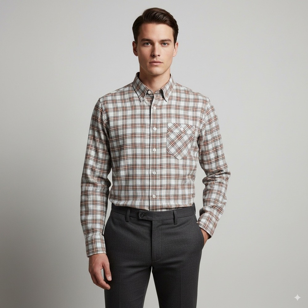 Billy Reid Mens Plaid‎ Button Up Shirt Standard Cut Medium Cotton Blend Brown